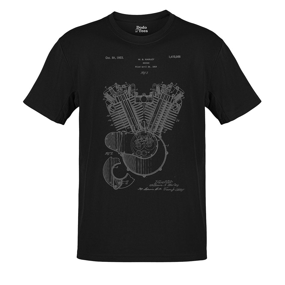 Black Harley biker shirt featuring the 1923 Harley Model 23 JS engine patent. Dodo Tees Motorcycle Shirts are side-seamed for a modern fit.