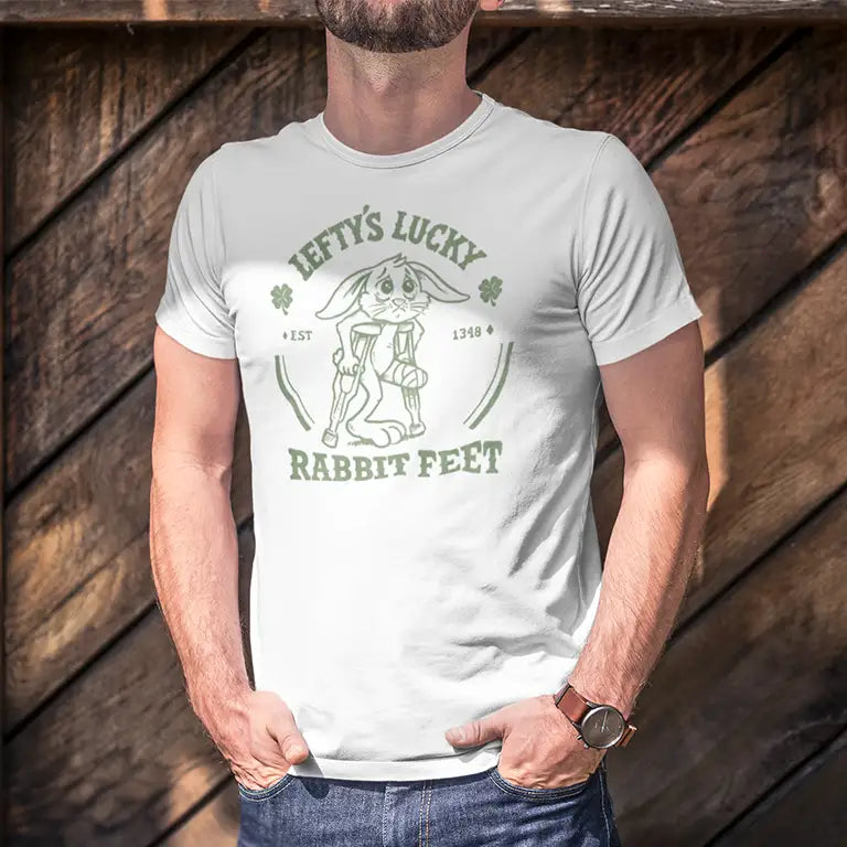 Man wearing a St patricks holiday shirt with Rabbit Feet design