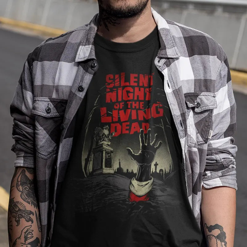 Holiday themed shirt with silent night of the living dead design