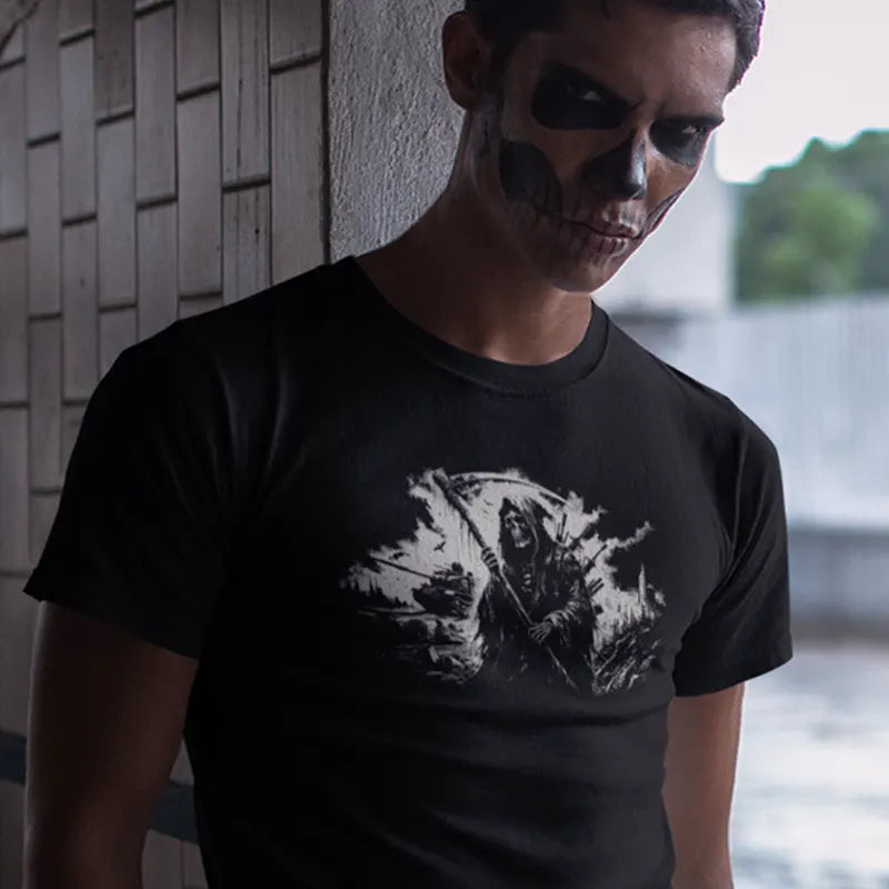 Horror shirts by Dodo Tees. The Skull Tee Shirts feature the Grim Reaper ushering in War. Grim Reaper shirts come in sizes S-3XL.