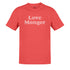 Heather Red Humorous Tee Shirts with the words Love Monger written on the front. The Valentines Day Shirt has a vintage vibe with distressed printing.