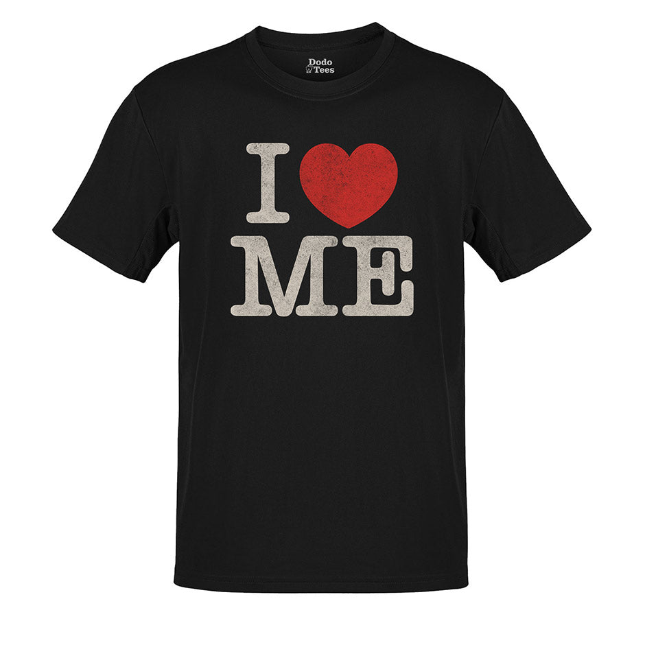Black I love me shirt with white type and a red heart. The sarcastic tees feature a distressed printing style.