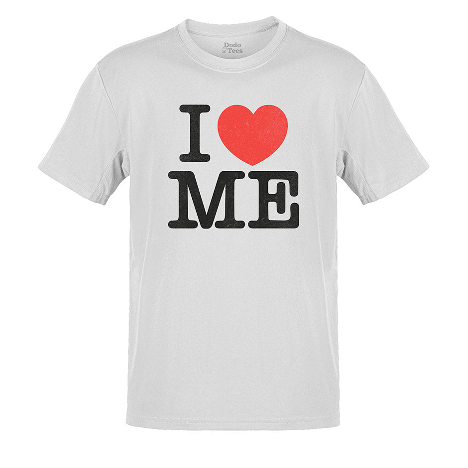 I love me shirt design on white fabric with black type and a red heart. The humor clothing design is by Dodo Tees