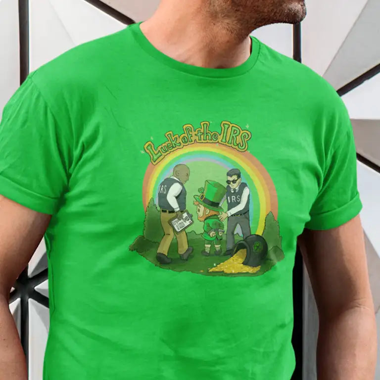 man in a Saint Paddy day shirt with a leprechaun being arrested by the IRS