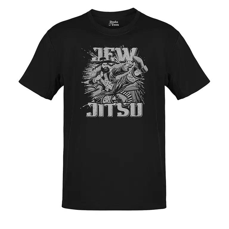 Black Jew Jitsu shirt with distressed graphic of a jewish man karate kicking.