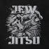 Jew Jitsu Shirt close-up featuring a bold design of a asiatic jew flying through the air doing karate.