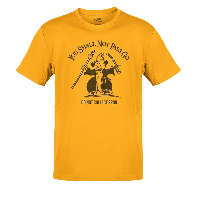 LOTR You Shall Not Pass Go shirt in gold. 