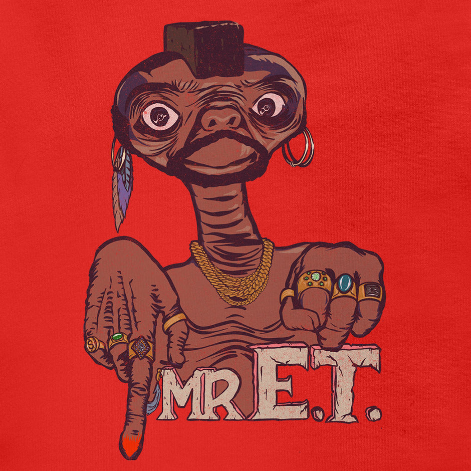 Closeup of the red 80s movie t shirt featuring Mr. E.T. movie mashup illustration by Dodo Tees. The ET shirt features an alien wearing a feather ear ring, gold chains and flashy rings.