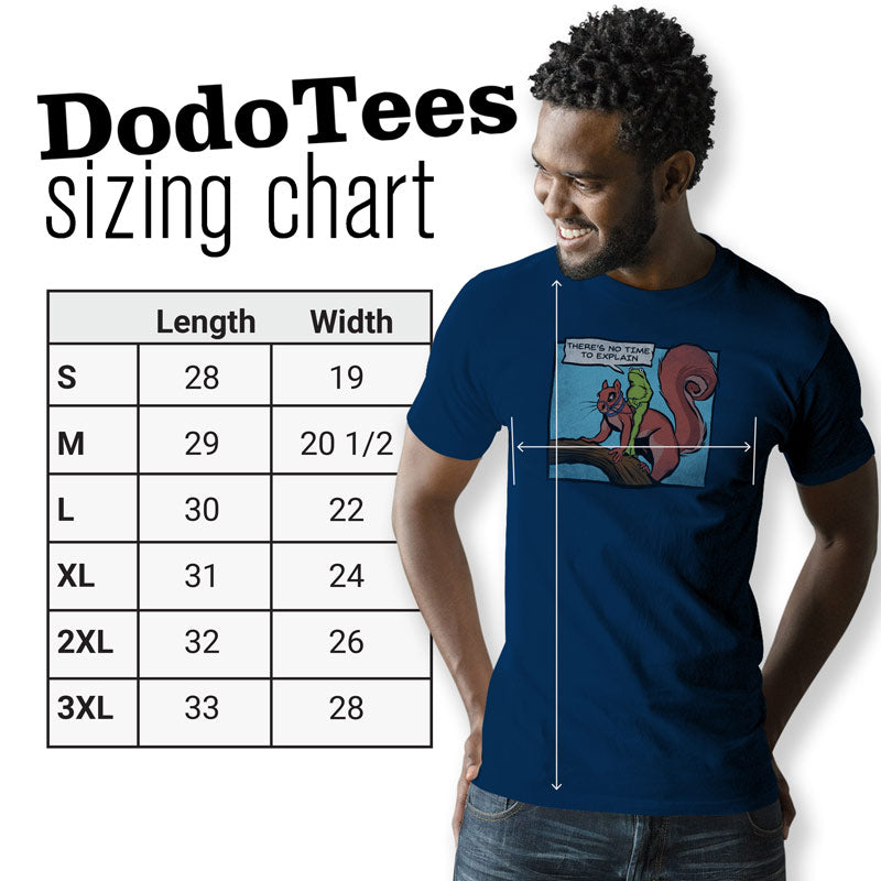 dodo tees meme shirt sizing chart. Available in sizes small to 3XL