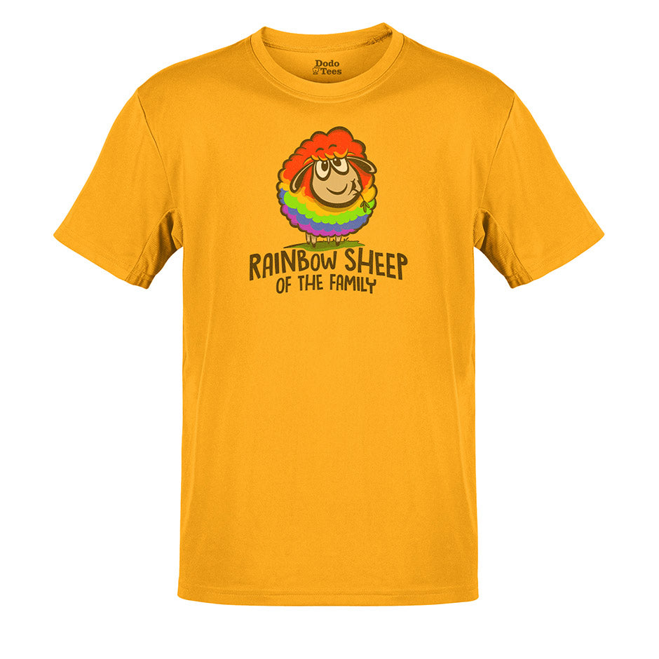 Gold Mens pride shirts featuring a rainbow sheep and the words Rainbow Sheep of The Family. The Rainbow clothing utilizes a distressed printing style for a vintage look.