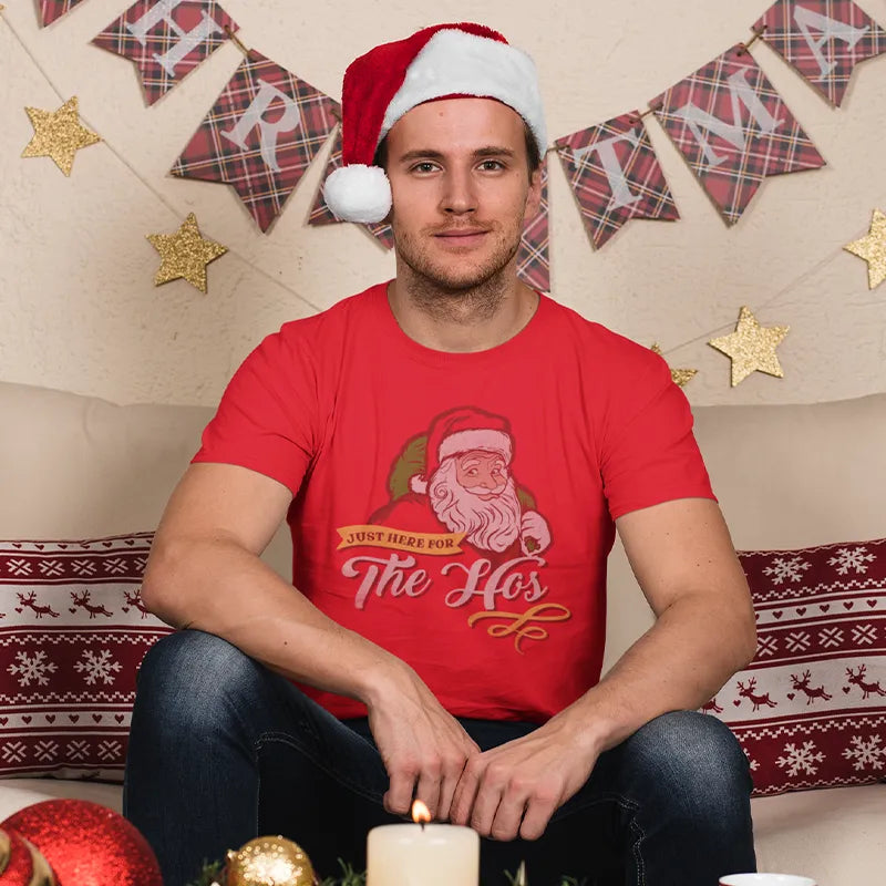 man wearing santa hat and mens christmas shirt with just here for the hos funny cartoon