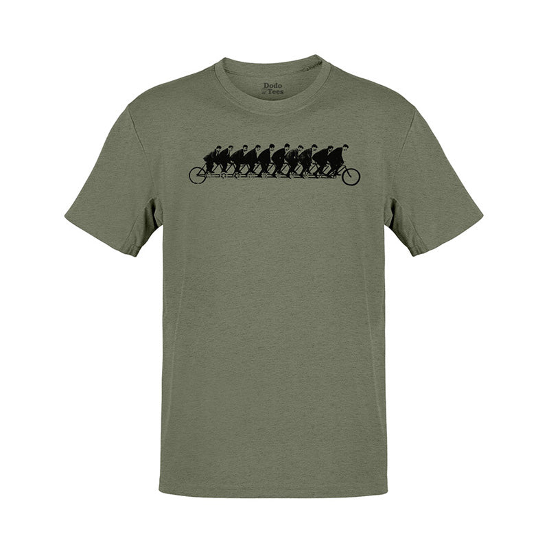 Olive green mens retro shirts featuring a 10 person tandem bike being road by Moustached men in bowler hats