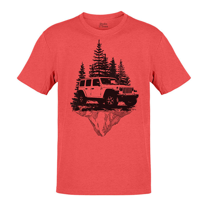 off road shirt with 4x4 and mountains in heather red by dodo tees