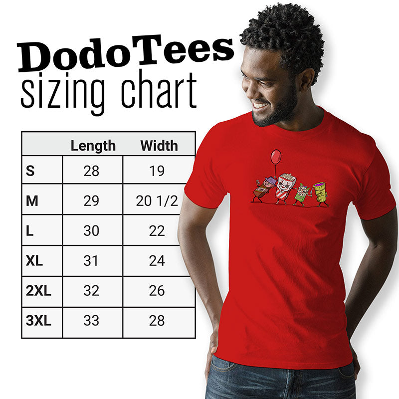 Movie lover gifts sizing chart for the Lets All Go To The Movies Monster Halloween Shirt by Dodo Tees . Small 28Lx19W. Medium 29Lx20.5W. Large 30Lx22W. XL 31Lx24W. 2XL 32Lx26W. 3XL is 33Lx28W.