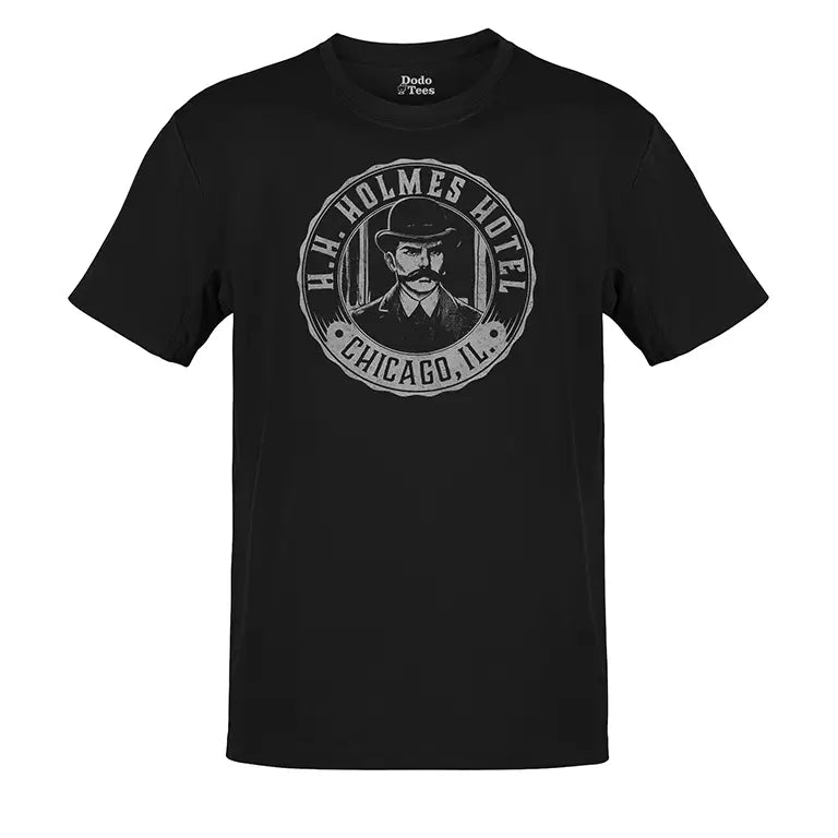 Murder apparel with HH Holmes Hotel logo on front.