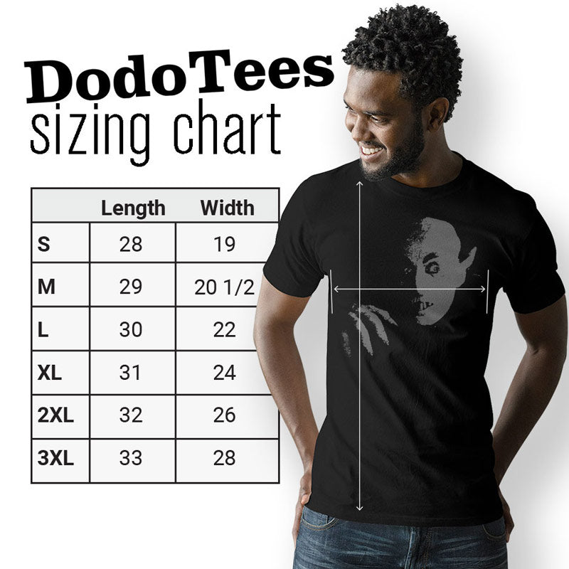 Nosferatu Shirt and mens tees sizing chart. Available in sizes Small to 3XL. 