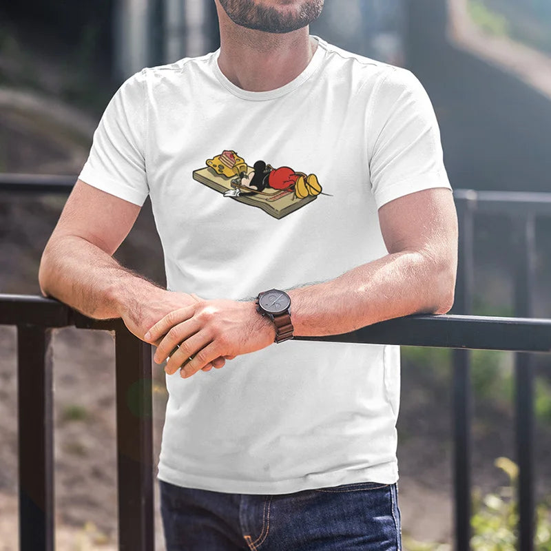 man outside wearing offensive clothing cartoon mouse in mouse trap t shirt