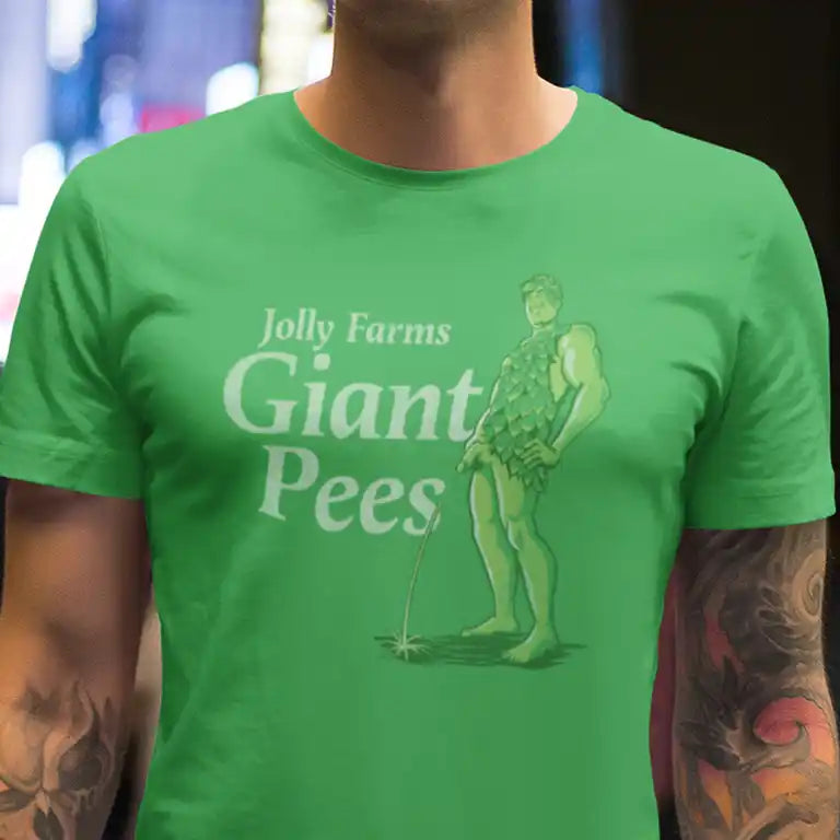 Man in t shirt. Green offensive tee shirt with giant pees graphic.