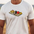 close up view of offensive tee with cartoon mouse in mouse trap in white