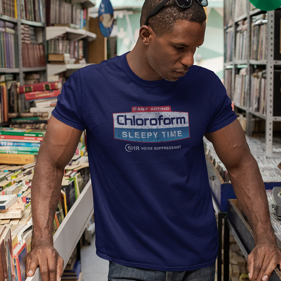 Man modeling the Chloroform Sleepy Time offensive t shirts by Dodo Tees. The Dark Humor Shirts are crafted with high-grade inks and materials.