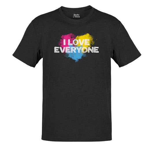 Charcoal Pansexual pride shirt that reads I Love Everyone. The pride gear is made from buttery soft fabric.