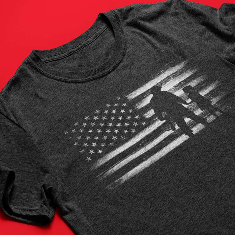 Patriotic gift for dad with a soldier standing with daughter. This military t shirt is available in sizes S-3XL.