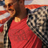 Closeup of a patriotic shirt made reading America F yeah  