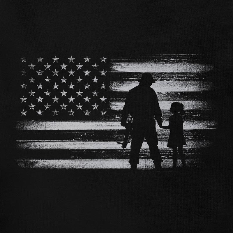 Patriotic shirts featuring an American soldier standing with his daughter in front of a distressed American flag.