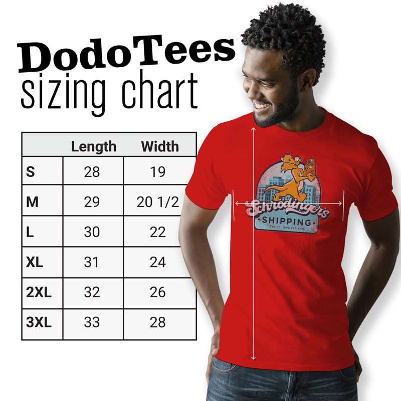 dodo tees physics shirts sizing chart. available in sizes small through 3XL