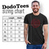 dodo tees sizing chart for pi math shirt with model wearing heather charcoal t shirt