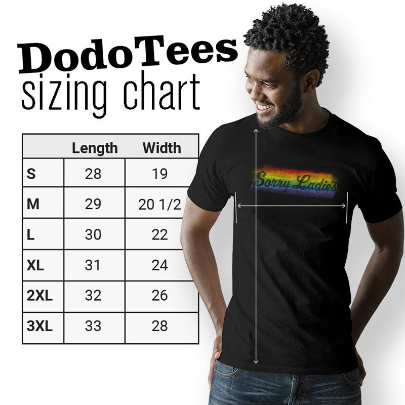 Pride shirt sizing chart with model wearing rainbow sorry ladies t shirt