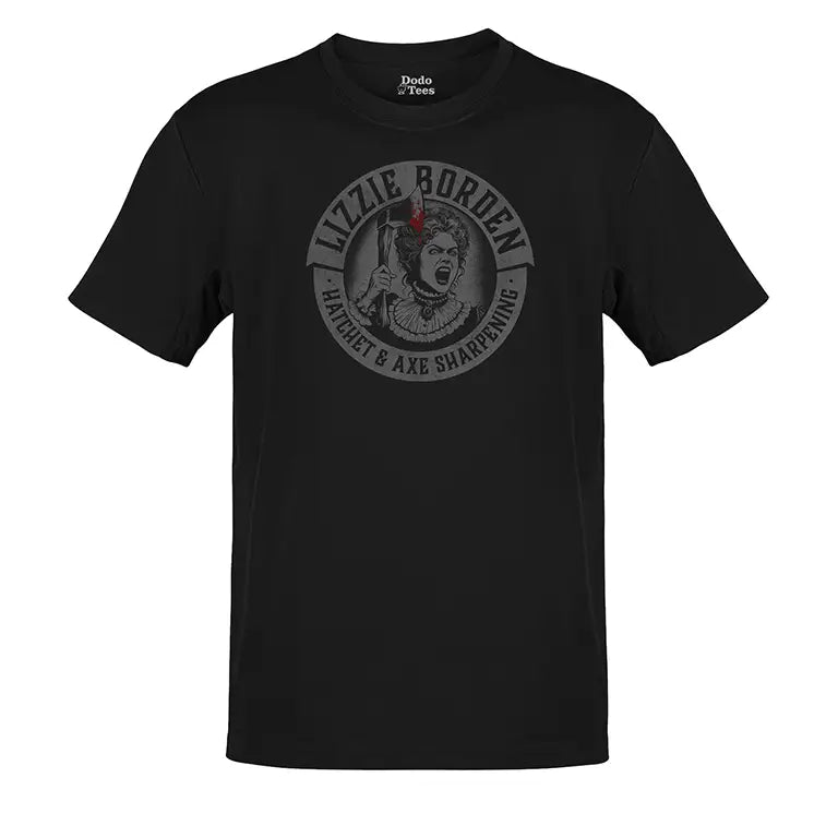 Retro Halloween T shirt featuring Lizzie Borden Hatchet and Axe Sharpening logo.