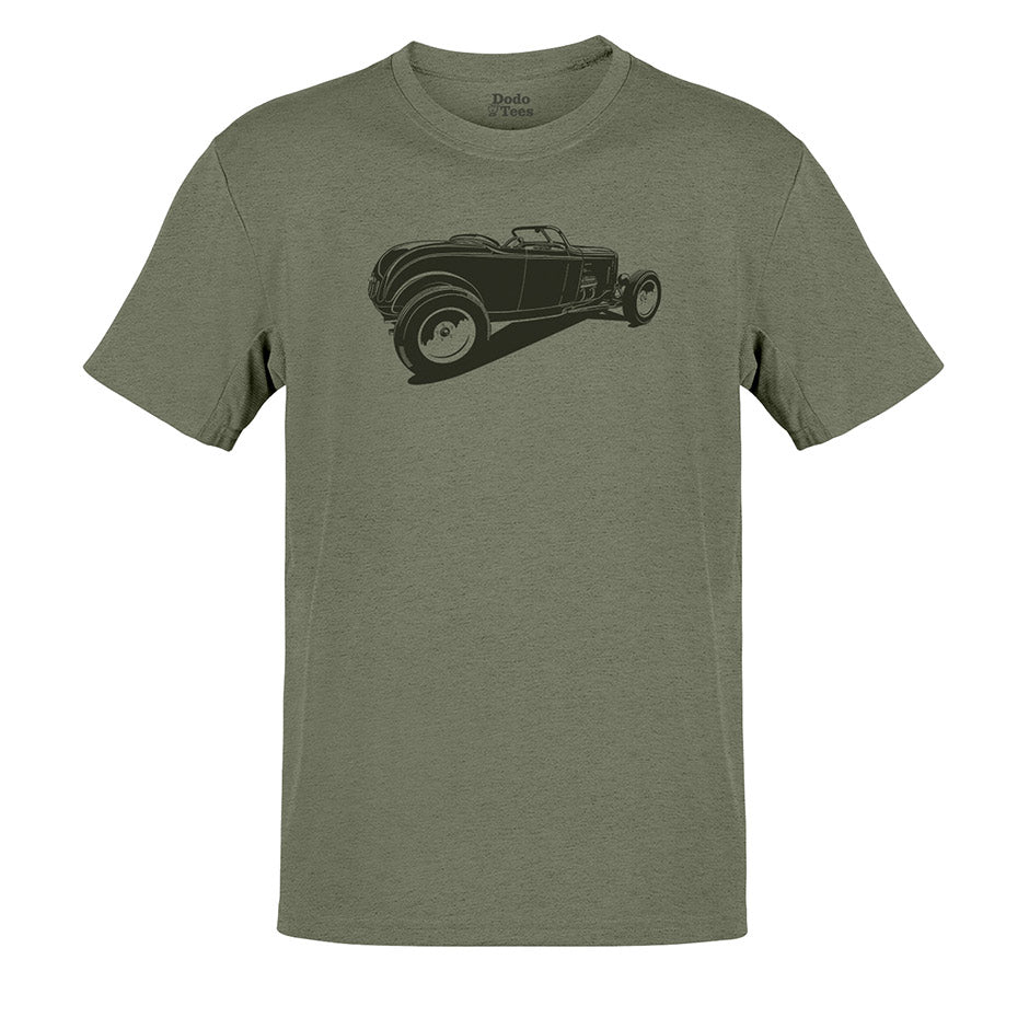 Roadster shirt featuring a custom hot rod. The auto apparel is shown in olive green with a dark green car.