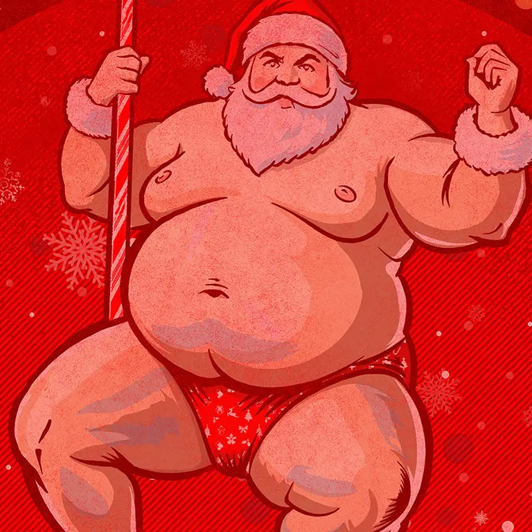 Closeup of the Santa stripper Holiday tshirt