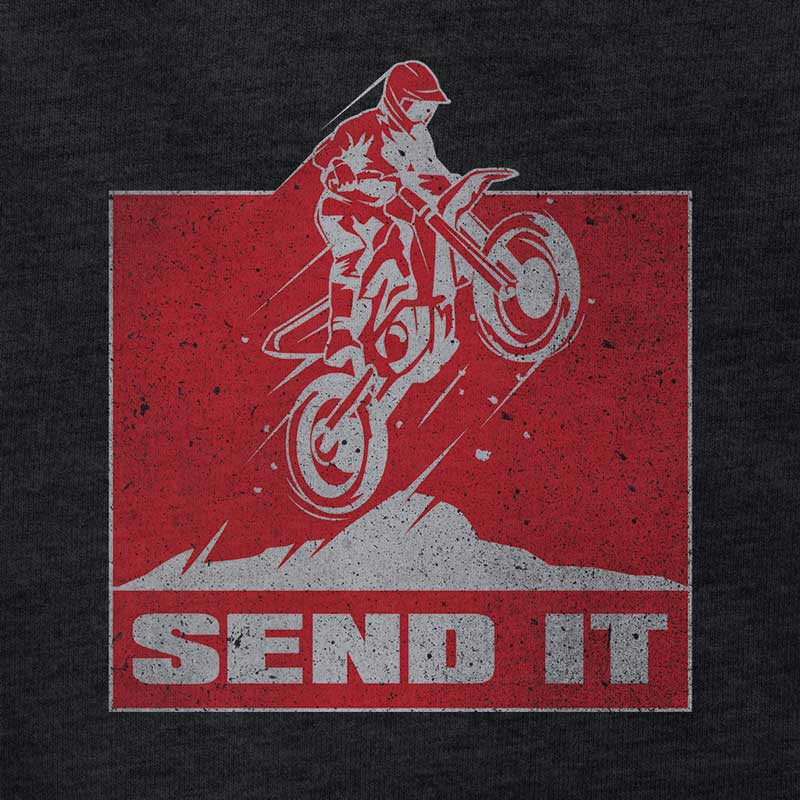 detail view of send it motocross t shirt in heather charcoal by dodo tees