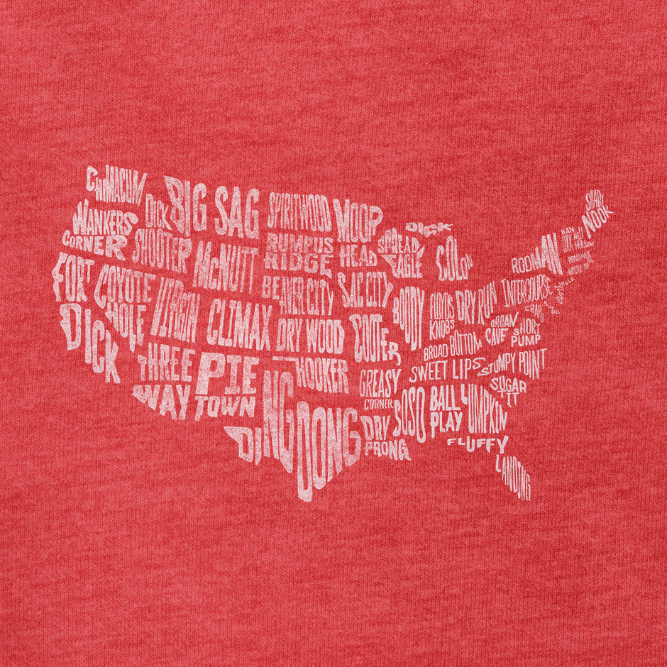 Funny 4th of July shirt for men featuring a map of the continental United States.  where each state is drawn out of a sexy city name within that state. The America Shirt come in sizes S-3XL.