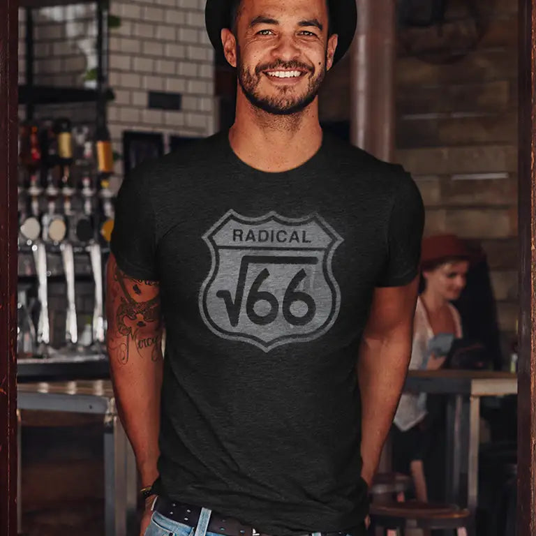 Man wearing the square route 66 clothing by Dodo Tees.  