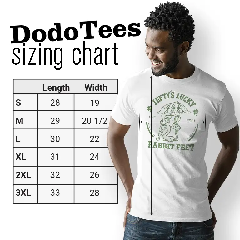 Lucky lefty's St Patricks Day tee sizing chart
