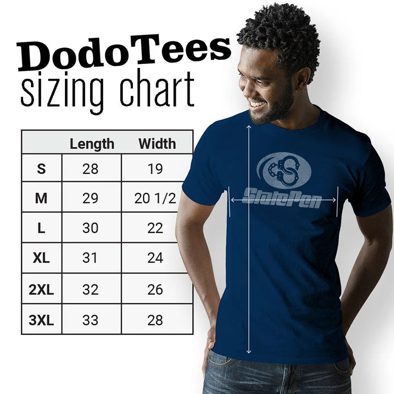 prison shirts sizing chart. available in sizes small to 3XL 