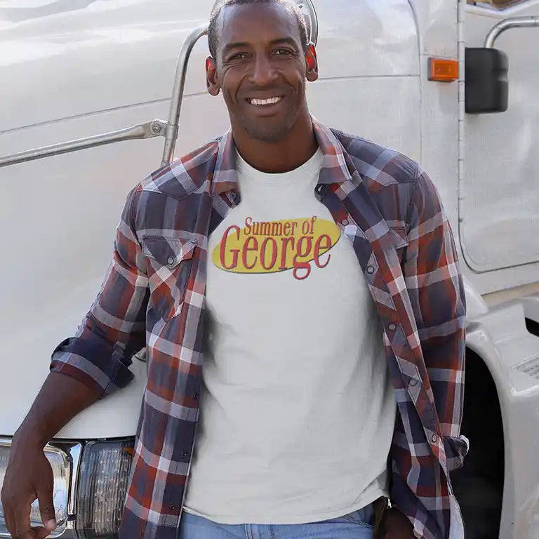 man wearing summer of George movie tee shirt by Dodo Tees