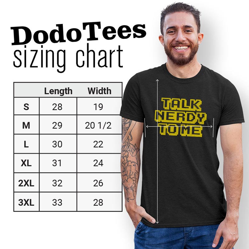 Nerdy Apparel sizing chart. Model wearing t shirt that reads Talk Nerdy To Me in an 8 bit font.