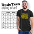 Nerdy Apparel sizing chart. Model wearing t shirt that reads Talk Nerdy To Me in an 8 bit font.
