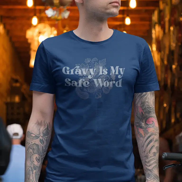 man wearing thanksgiving quote shirt reading Thanksgiving is my safe word