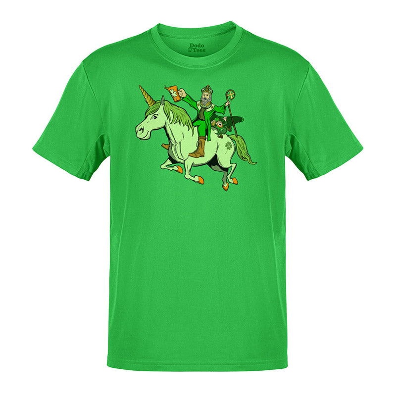  the most magical time of the year st patricks day shirt in green with St. Patrick and a leprechaun riding a horse