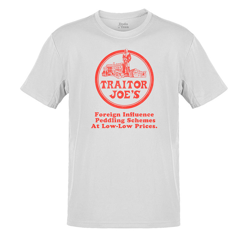 Traitor joes political clothing features a parody logo along with the tagline Foreign Influence Peddling Schemes At Low-Low Prices. funny Republican shirts are made with ring-spun cotton and pre-shrunk.