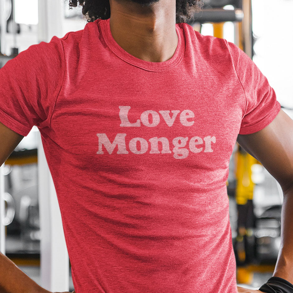 Valentines Tshirt with the words Love Monger written across the front. The Humorous Tee Shirt has a vintage vibe.