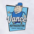 detail view of vance refrigeration t shirt with cartoon logo by dodo tees