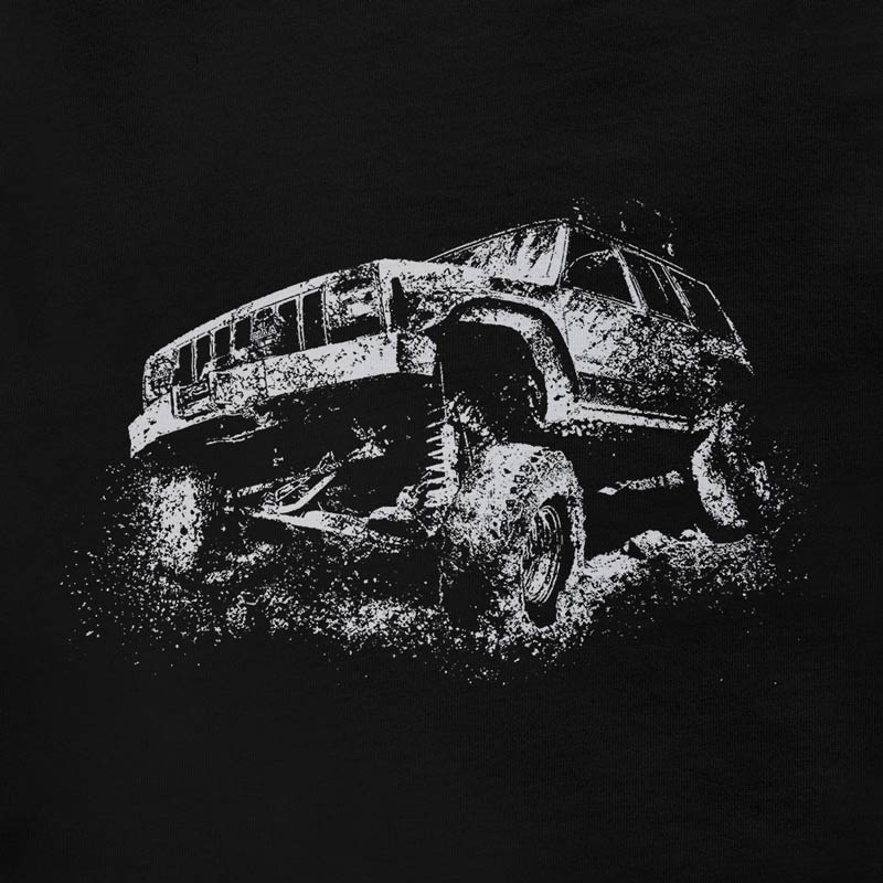 detail view of off road shirt with xj splatter illustration by dodo tees