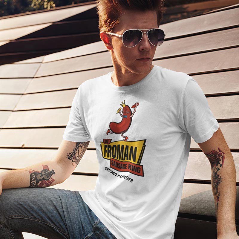 man in sunglasses wearing bbq t shirt with abe froman sausage king logo