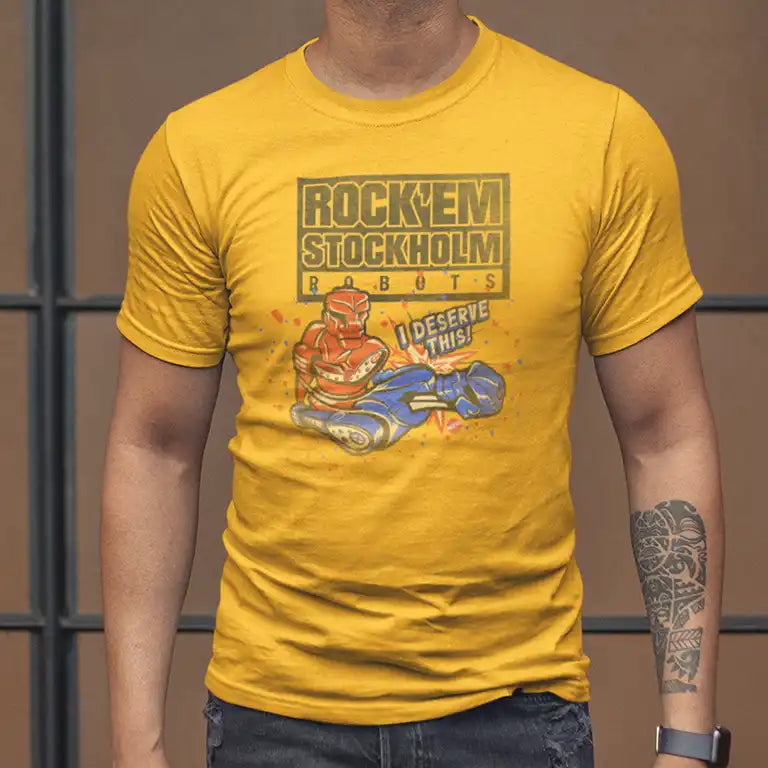 Man in adult humor graphic tee with Rock Em Stockholm Robots graphic.